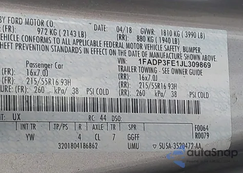 2018 Ford Focus Se из США, поврежденный, VIN 1FADP3FE1JL309869